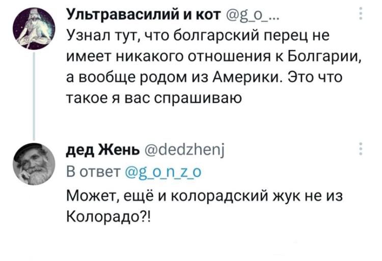 Упьтравасипий и кот 5_о_ Узнал туг что болгарский перец не имеет никакого отношения к Болгарии а вообще родом из Америки Это что такое я вас спрашиваю дед Жень оещпещ В ответ вдщ _0 Может еще и колорадский жук не из Колорадо