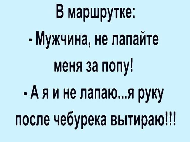 В маршрутке Мужчина не лапайте меня за попу А я и не лапаюя руку после чебурека вытираю