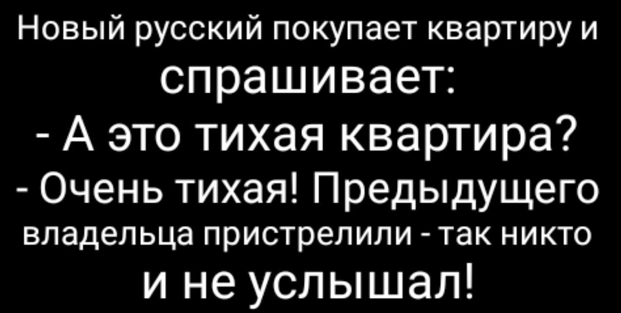 Новый русский покупает квартиру и СПРЗШИВЗеТЕ А это тихая квартира Очень тихая Предыдущего владельца пристрелили так НИКТО и не услышал