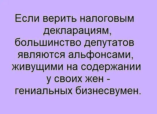 Если верить налоговым декларациям большинство депутатов являются апьфонсами живущими на содержании у своих жен гениальных бизнесвумен