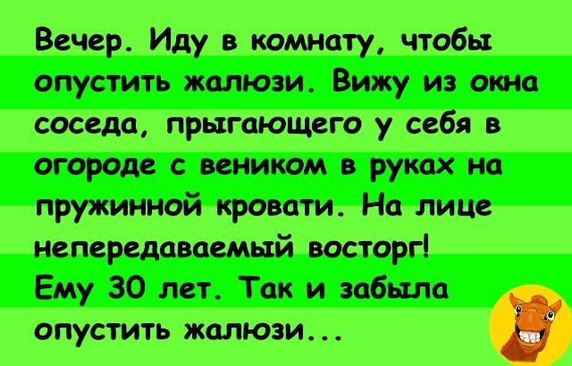 Вечер Иду комнату чтобы опустить жалюзи Вижу из сша соседа прыгающего у себя в огороде шиком руках на пружинной проити На лице напирали семьи восторг Ему 30 лет Так и забыла опустить жалюзи