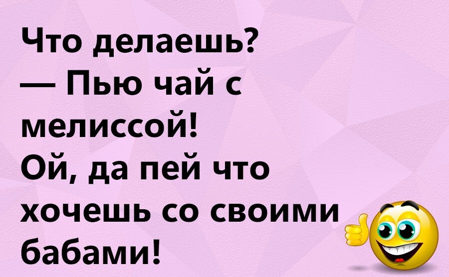 Что делаешь Пью чай с мелиссой Ой да пей что хочешь со своими бабами