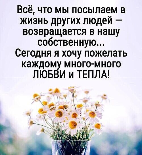 Всё что мы посыпаем в жизнь других людей возвращается в нашу собственную Сегодня я хочу пожелать каждому много много ЛЮБВИ и ТЕПЛА