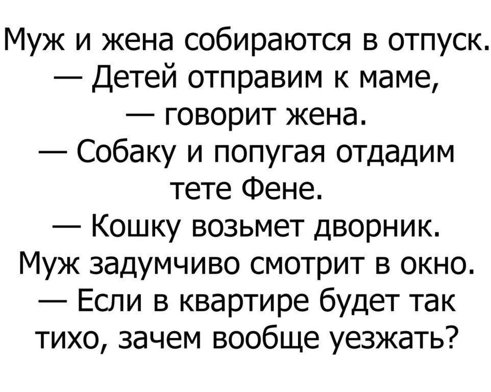 Муж и жена собираются в отпуск Детей отправим к маме говорит жена Собаку и попугая отдадим тете Фене Кошку возьмет дворник Муж задумчиво смотрит в окно Еоти в квартире будет так тихо зачем вообще уезжать