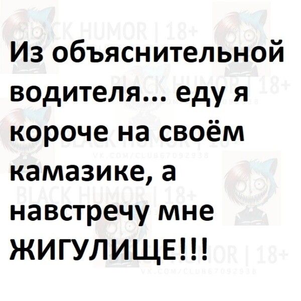 Из объяснительной водителя еду я короче на своём камазике а навстречу мне ЖИГУЛИЩЕ