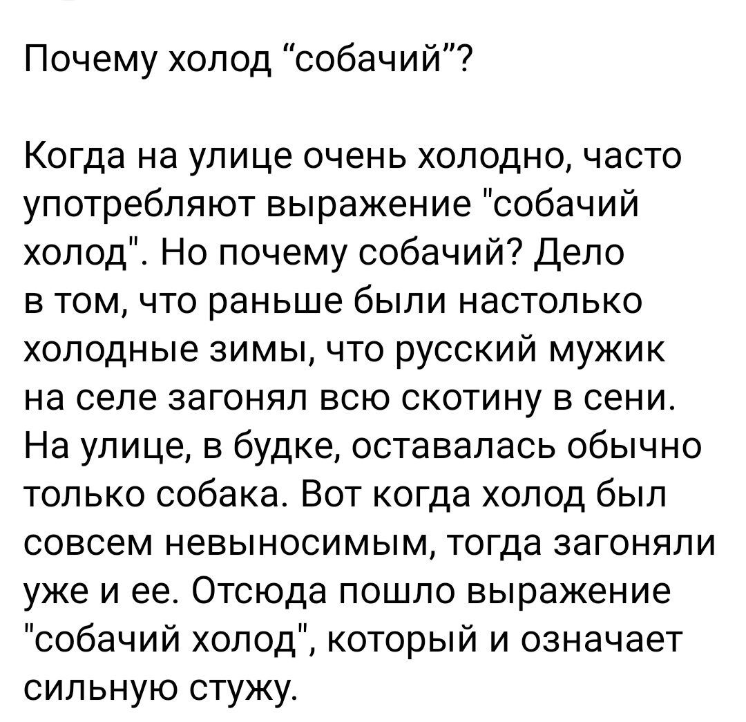 Почему холод собачий Когда на улице очень холодно часто употребляют выражение собачий холод Но почему собачий Дело в томчто раньше были настолько холодные зимы что русский мужик на селе загонял всю скотину в сени На улице в будке оставалась обычно только собака Вот когда холод был совсем невыносимым тогда загоняли уже и ее Отсюда пошло выражение собачий холод который и означает сильную стужу