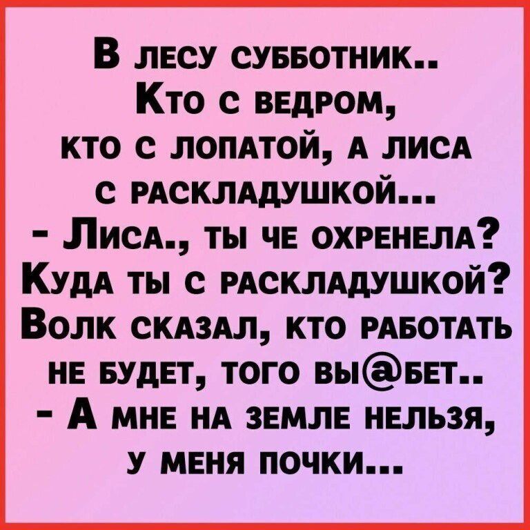 В лесу суввотиик Кто с ввдром кто с лентой А лиц с РАСКЛАдУШКОЙ ЛисА ты ч охгенвм КУДА ты с мсклддушкой Волк скдздл кто мвотдть НЕ вудЕт того вывт А мне нд звмлв нельзя у меня почки