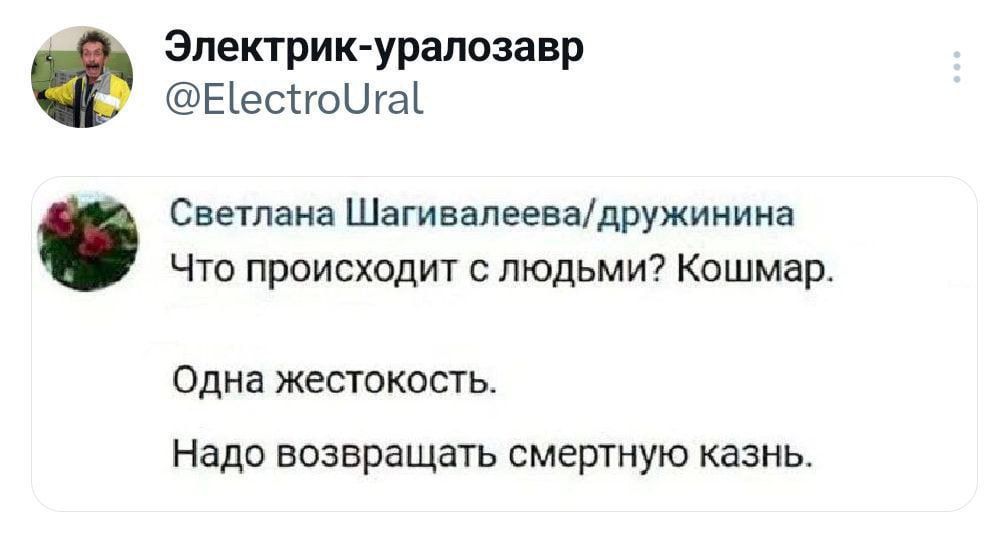 Эпектрик уралвзавр ЕіеспоЦгаі Светлана Шагивалеевадружинииа Что происходит слюдьми Кошмар Одна жестокость Надо возвращать смертную казнь