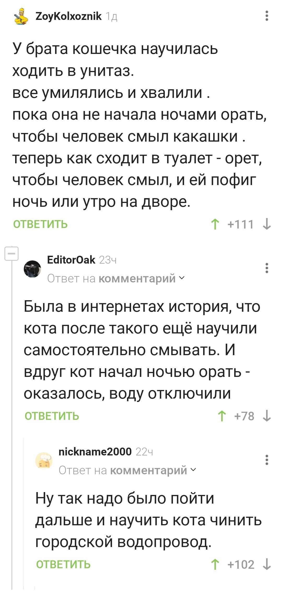 2оуКпхпхпіК У брата кошечка научилась ходить в унитаз все умилялись и хвалили пока она не начала ночами орать чтобы человек смып какашки теперь как сходит в туалет орет чтобы человек смып и ей пофиг ночь или утро на дворе ОТВЕТИТЬ Т 111 1 ЕкіішгОаК комментарии Была в интернатах история что кота после Такого ещё научили самостоятельно смывать И вдруг кот начал ночью орать оказалось воду отключили о