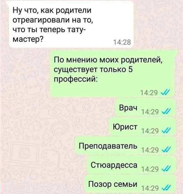 Ну что как родители отреагировали на то что ты теперь тату м астер 1428 По мнению моих родителей существует только 5 профессий 14 29 вре 1419 Юрист 1429 Преподаватель 14729 Стюардесса 1 429 _ Позор семьи 729