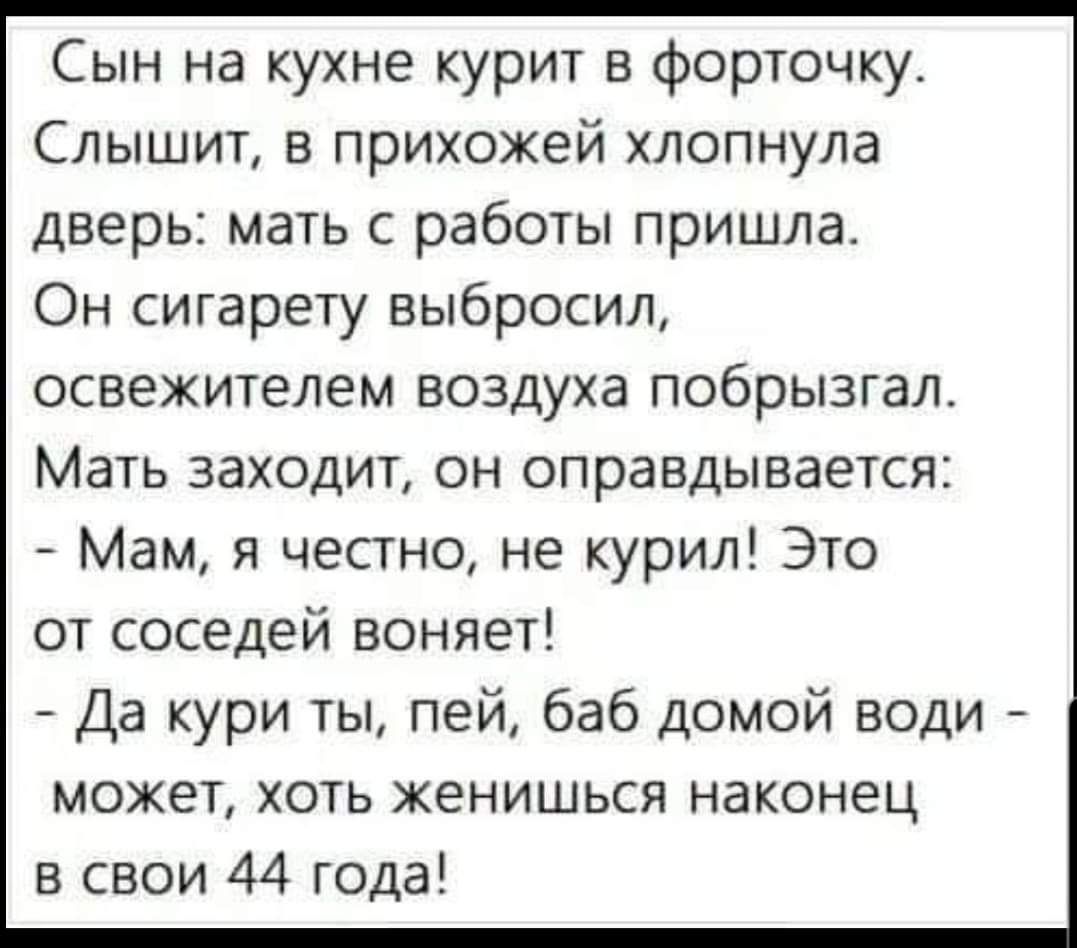 Сын на кухне курит в форточку Слышит в прихожей хлопнула дверь мать с работы пришла Он сигарету выбросил освежителем воздуха побрызгал Мать заходит он оправдывается Мам я честно не курил Это от соседей воняет Да кури ты пей баб домой води может хоть женишься наконец в свои 44 года