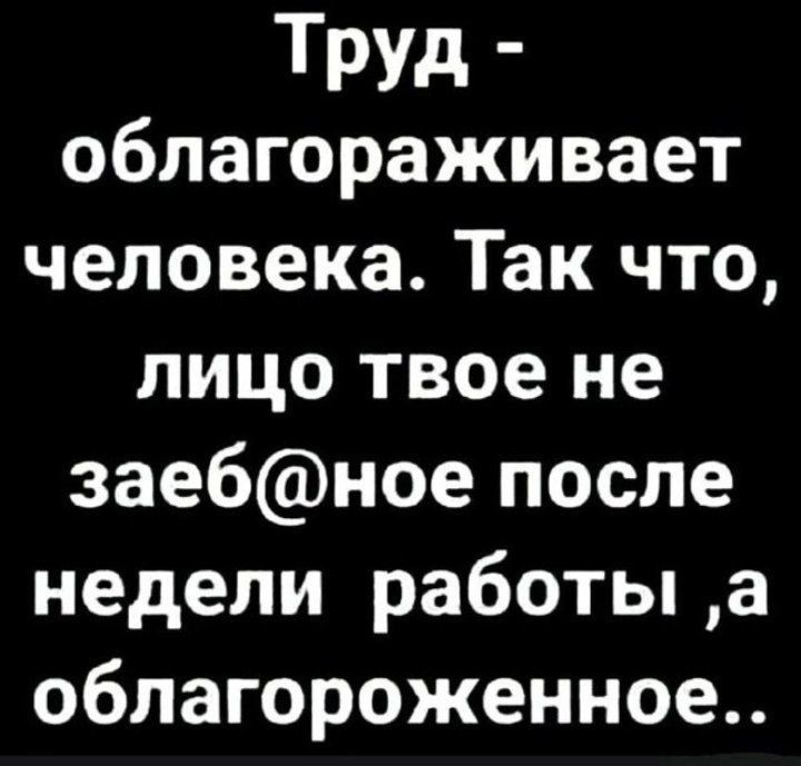 Труд облагоражи вает человека Так что лицо твое не заебное после недели работы а облагороженное