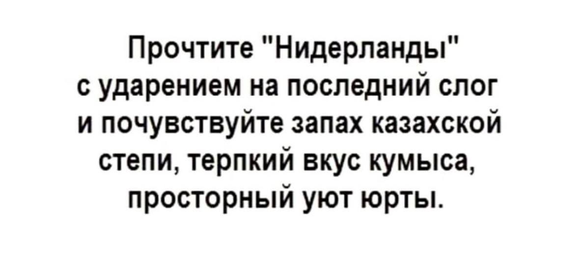 Прочтите Нидерланды с ударением на последний слог и почувствуйте запах казахской степи терпкий вкус кумыса просторный уют юрты