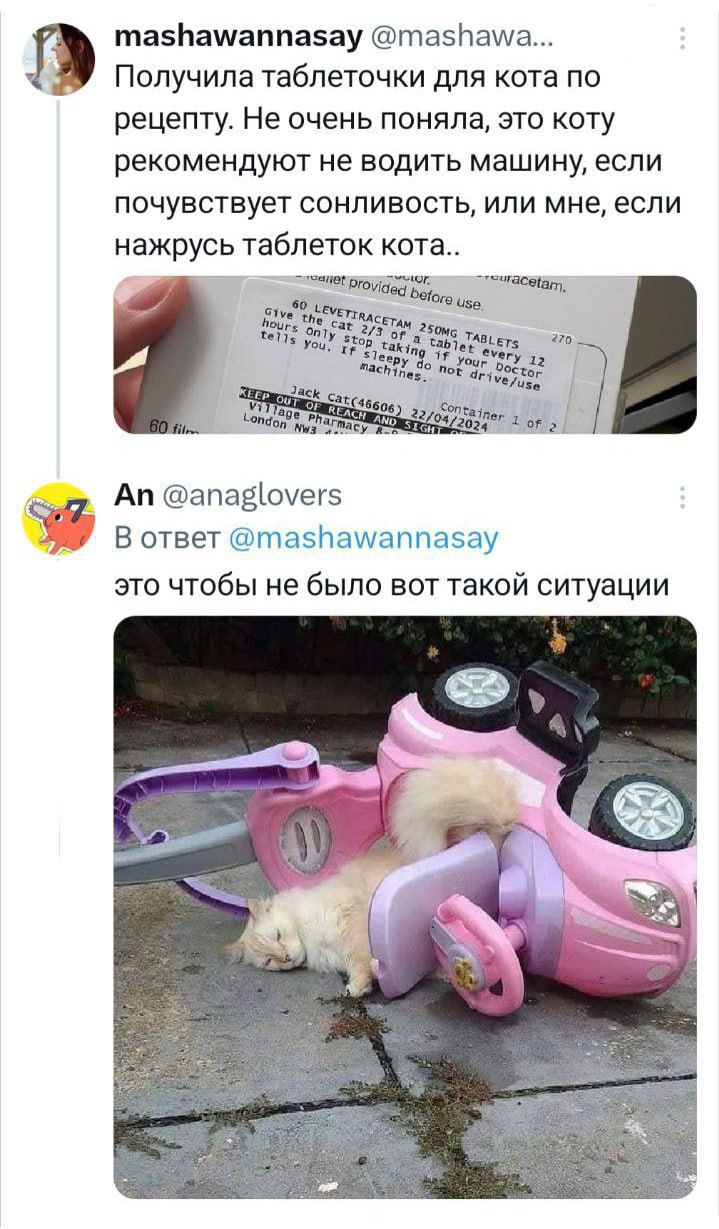 тазпншаппазау тазНаиа Получила таблеточки для кота по рецепту Не очень поняла это коту рекомендуют не водить машину если ПОЧУВСТВУЁТ СОНПИЕОСТЬ ИЛИ мне если нажрусь таблеток кота Ап ападіоиегэ В ответ таэЬаИаппаэау это чтобы не было вот такой ситуации 7