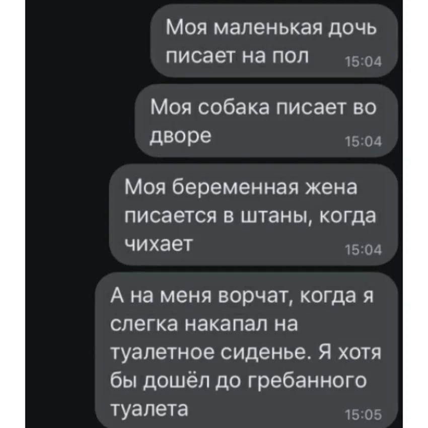 МОЯ маленькая ДОЧЬ ПИСЗЭТ НЗ ПОЛ МОЯ собака ПИСЭЕТ БО дворе Моя беременная жена писается в штаны когда чихает А на меня ворчат когда слегка накапап на туалетное сиденье Я хотя бы дошёл до гребанного туалета