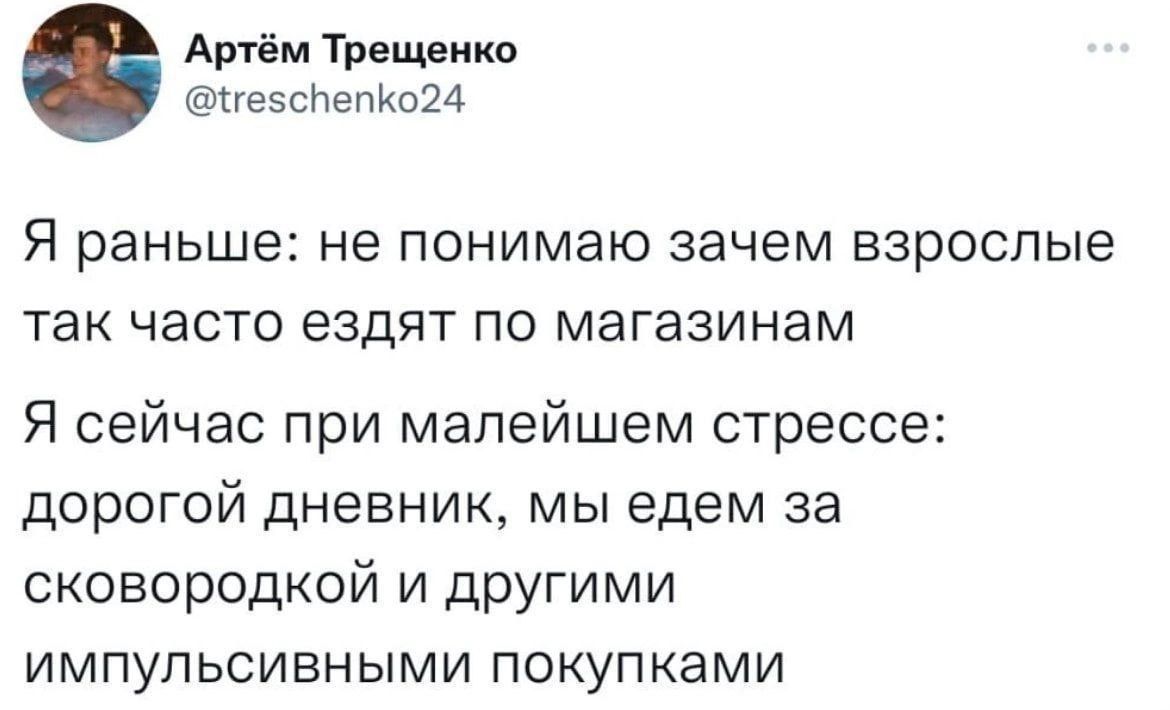 Артём Трешико пезснепкощ Я раньше не понимаю зачем ВЗРОСПЫЭ ТЭК ЧЭСТО ЭЗДЯТ ПО МЭГЭЗИНЭМ Я сейчас при малейшем стрессе дорогой дневник мы едем за сковородкой и другими импульсивными покупками