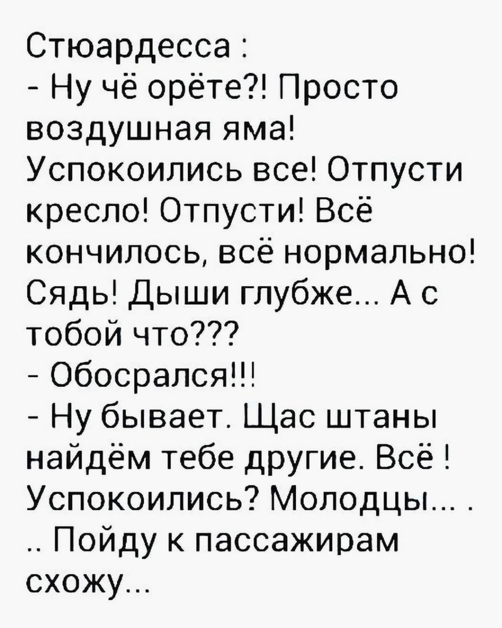 Стюардесса Ну чё орёте Просто воздушная яма Успокоились все Отпусти кресло Отпусти Всё кончилось всё нормально Сядь Дыши глубже А с тобой что Обосрапся Ну бывает Щас штаны найдём тебе другие Всё Успокоились Молодцы Пойду к пассажирам схожу