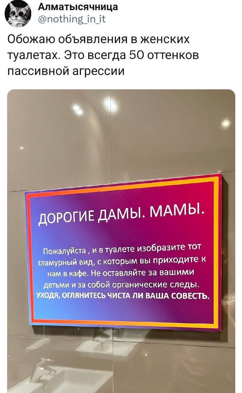 Алматысячиица _ потшдіпіг Обожаю объявления в женских туалетах Это всегда 50 оттенков пассивной агрессии ДОРОГИЕ ДАМЫ МАМЫ Ппжалуйца и в туалет изобразит тот тімуриый вид иосоым ны приходите ам фе Не остзвмйте и видим дюн изасобпй срганичесиис следы Ёшлтинитксь чисп пи вАшА СОВЕСТЬ