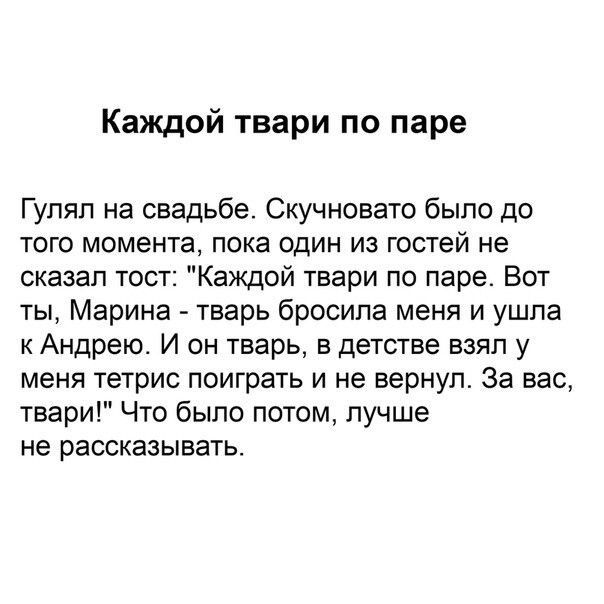 Каждой твари по паре Гупяп на свадьбе Скучновато было до того момента пока один из гостей не сказал тост Каждой твари по паре Вот ты Марина тварь бросила меня и ушла к Андрею И он тварь в детстве взял у меня тетрис поиграть и не вернул За вас твари Что было потом лучше не рассказывать