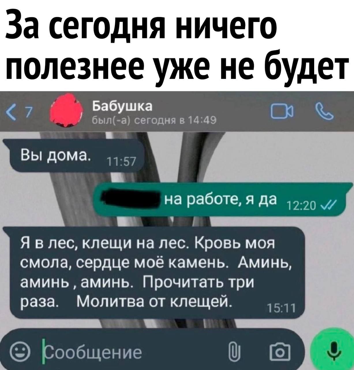 За сегодня ничего полезнее уже не будет 7 Бабушка чг шпцнч и 49 ВЫДОМЗ г на работея да дп Я в лес клещи на пес Кровь моя смола сердце моё камень Аминь аминьаминь_ Прочитатьтри раза Молитва от клещей гта СЭ Ьшэбщение