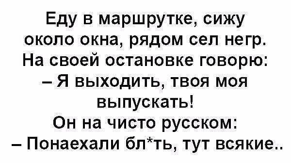 Еду в маршрутке сижу около окна рядом сел негр На своей остановке говорю Я выходить твоя моя выпускать Он на чисто русском Понаехали блть тут всякие