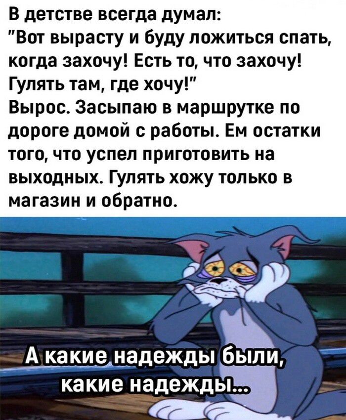 В детстве всегда думал Вот вырасту и Буду ложиться спать когда захочу Есть то что захочу Гулять там где хочу Вырос Засыпаю в маршрутке по дороге домой с работы Ем остатки ТОГО ЧТО успел ПРИГОТОВИТЬ на выходных Гулять хожу только в магазин и обратно А какие надежды бьппи какие надежды д