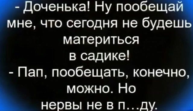 Доченька Ну пообещ мне что сегодня не будеш материться в садике Пап пообещать конечно можно Но нервы не в пду