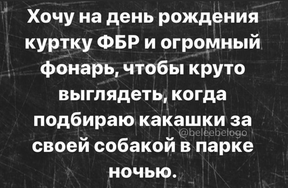 Хочу на день рождения куртку ФБР и огромный фонарь чтобы круто выглядеть когда подбираю какашки за своей собакой в парке ночью