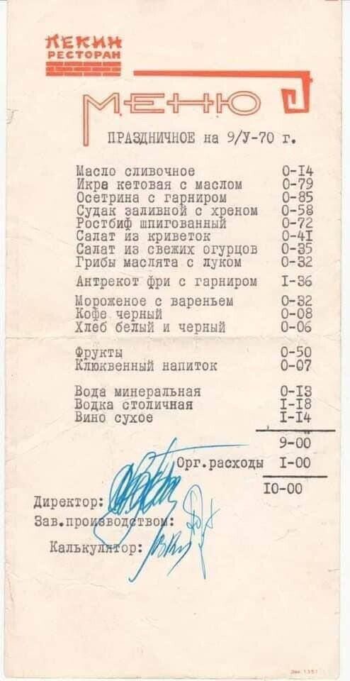 32 _ ЦРАЩЪШШОЕ на 9У 70 г Масло одиночное 0 11 Икра квтпвая ивспои 0 79 Осетрина га пиром 065 Судак авиша анви 0 58 Ростбпф шпигованн 0 72 Салат из придаток 001 Салат из свежих огурцов 085 Грибн изолята луков 052 Анрекот Фри с гарниром 1 86 Мп винт с вареньем 0 82 Коза черныи 0 08 Хлеб белки и черный 0 06 Фрукты 0 50 Киненин напиток 0 07 Воцв ииверапнвя 0 13 Волхв столичная 1 18