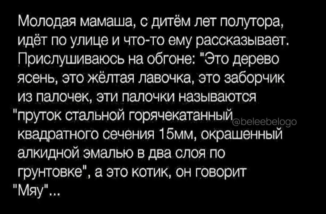 Молодая мамаша с дитём лет полутора идёт по улице и что то ему рассказывает Приспушиваюсь на обгоне Это дерево ясень это Жёлтая лавочке это заборчик из папочек эти палочки называются пруток стальной горячекатанный квадратного сечения 15мм окрашенный апкидной эмалью в два слоя по грунтовка а это котик он говорит Мяу