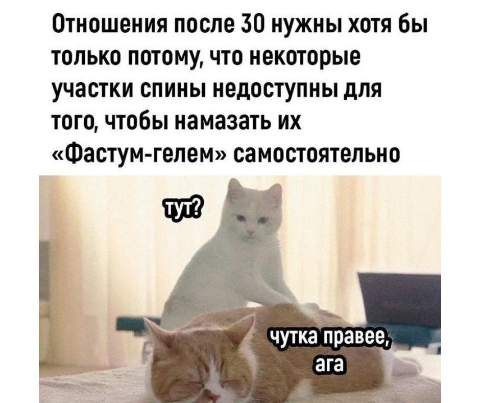 Отношения после 30 нужны хотя бы только потому что некоторые участки спины недоступны для того чтобы намазать их Фатум гелем самостоятельно 7 чутка правее