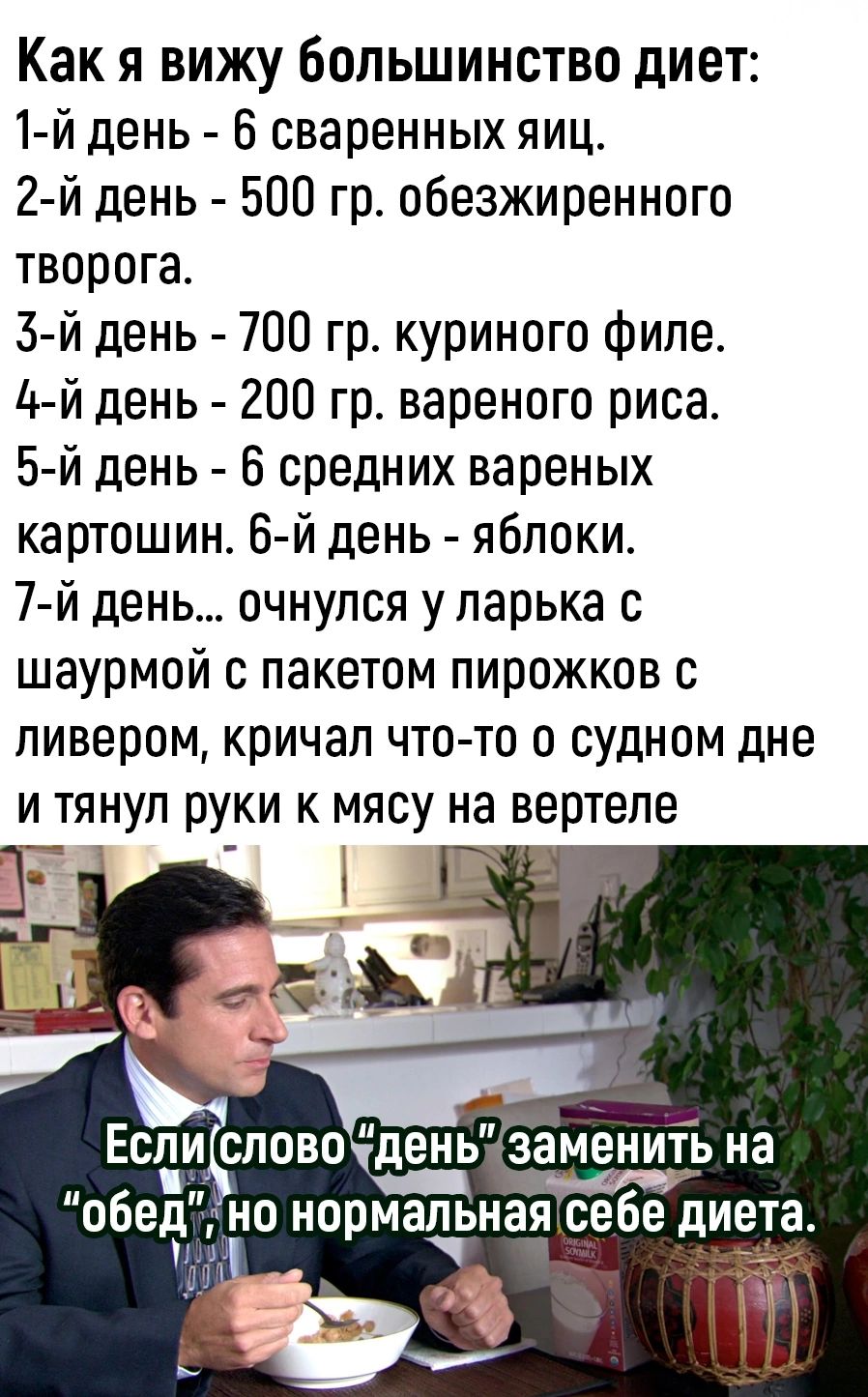 Как я вижу большинство диет 1 й день 6 сваренных яиц 2 й день 500 гр обезжиренного творога 3 й день 700 гр куриного филе А й день 200 гр вареного риса 5 й день Б средних вареных картошин 6 й день яблоки 7 й день очнулся у ларька с шаурмой с пакетом пирожков с пивером кричал чтото о судном дне и тянул руки к мясу на вертеле ьти ЕСЛ ПОВОчдЕНЬ заменить на