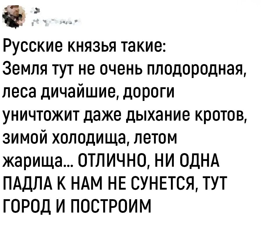 Русские князья такие Земля тут не очень плодородная леса дичайшие дороги уничтожит даже дыхание кротов зимой холодища летом жарища ОТЛИЧНО НИ ОДНА ПАДЛА К НАМ НЕ СУНЕТСЯ ТУТ ГОРОД И ПОСТРОИМ