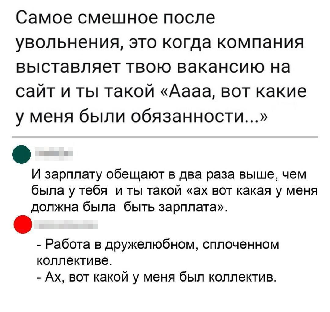 Самое смешное после увольнения это когда компания выставляет твою вакансию на сайт и ты такой Аааа вот какие у меня были обязанности И зарплату обещают в два раза выше чем была у тебя_и ты такой ах вот какая у меня должна была быть зарплата Работа в дружелюбном сплоченном коллективе Ах вот какой у меня был коллектив