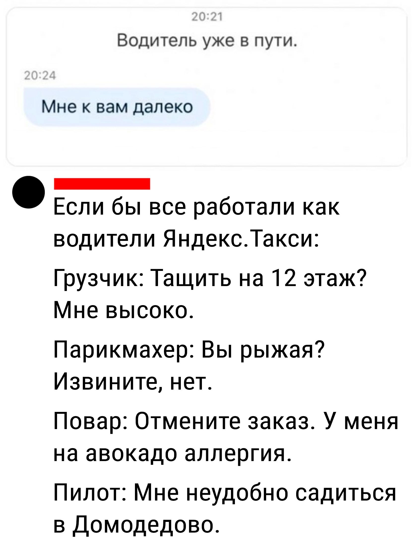 Водитель уже в пути Мне к вам далеко р Если бы все работали как водители ЯндексТакси Грузчик Тащить на 12 этаж Мне высоко Парикмахер Вы рыжая Извините нет Повар Отмените заказ У меня на авокадо аллергия Пилот Мне неудобно садиться в Домодедово