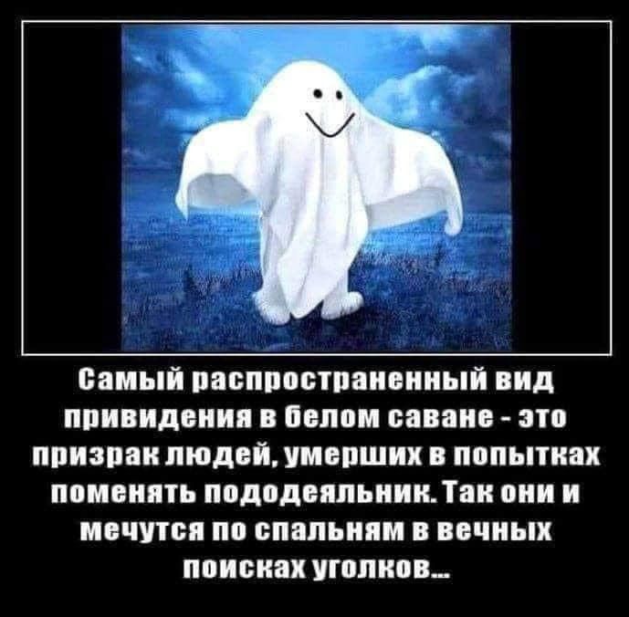 самый распространенный вид привидения в белом саване это призрак людей умерших в попытках поменять пододеяльник Так они и мечутся по спальням в вечных поисках уголков