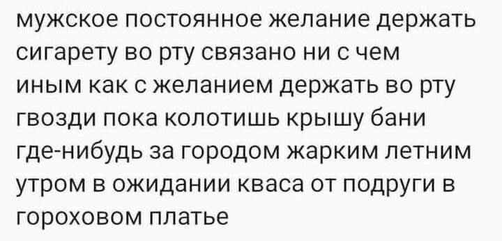 мужское постоянное желание держать сигарету во рту связано ни с чем иным как с желанием держать во рту гвозди пока колотишь крышу бани где нибудь за городом жарким летним утром в ожидании кваса от подруги в гороховом платье
