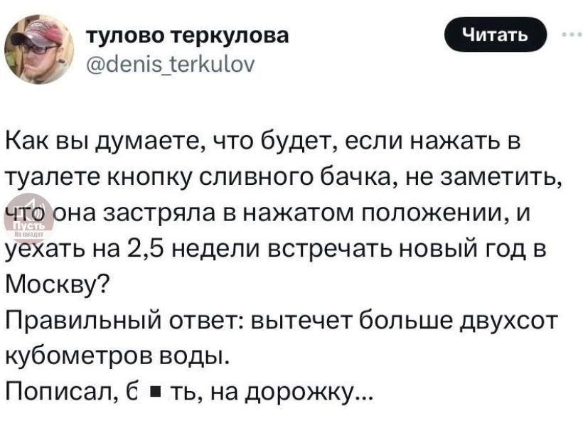 тулово теркулова йет5 1есоу Как вы думаете что будет если нажать в туалете кнопку сливного бачка не заметить тоюна застряла в нажатом положении и уехать на 25 недели встречать новый год в Москву Правильный ответ вытечет больше двухсот кубометров воды Пописал ть на дорожку