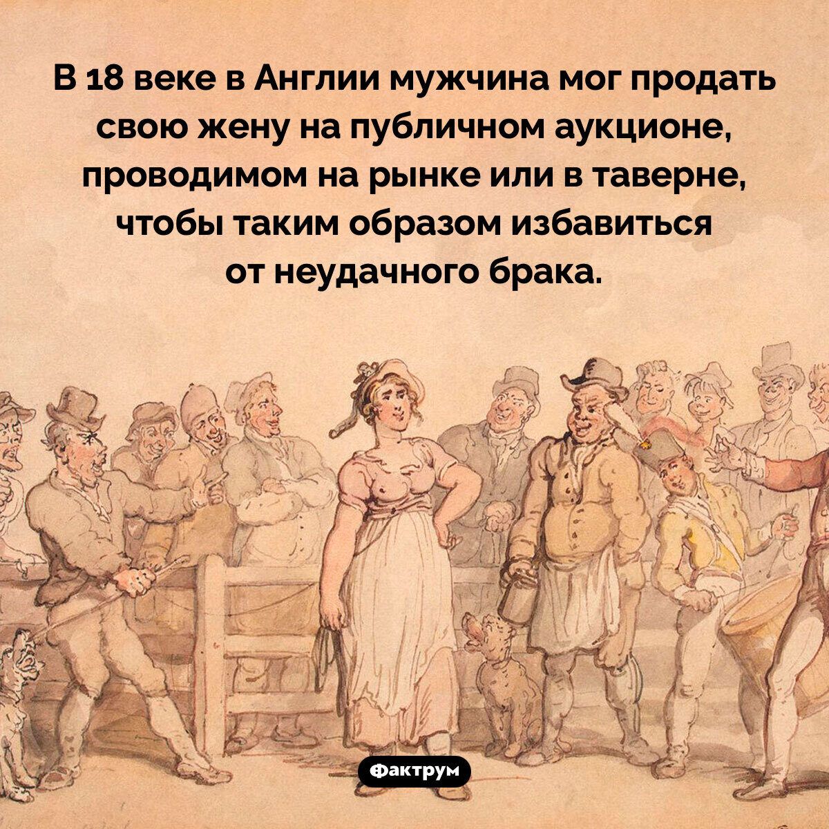 В 18 веке в Англии мужчина мог продать свою жену на публичном аукционе проводимом на рынке или в таверне чтобы таким образом избавиться от неудачного брака Фактрум