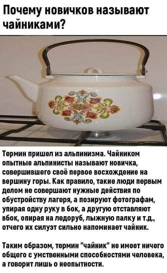 Почему новичков называют чайниками?

Термин пришел из альпинизма. Чайником опытные альпинисты называют новичка, совершившего свое первое восхождение на вершину горы. Как правило, такие люди первым делом не совершают нужные действия по обустройству лагеря, позиционируют фотографии, упирая одну руку в бок, а другую оставляют в бок, опирая на ледоруб, лыжную палку и т.д., что их силуэт сильно напоминает чайник.

Таким образом, термин 