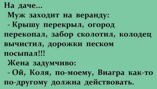 На даче...
Муж заходит на веранду:
- Крышу перекрыл, огород перекопал, забор сколотил, колодец вычистил, дорожки песком посыпал!!!
Жена задумчиво:
- Ой, Коля, по-моему, Виагра как-то по-другому должна действовать.