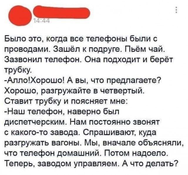 Было это, когда все телефоны были с проводами. Зашёл к подруге. Пьём чай. Зазвонил телефон. Она подходит и берёт трубку.
-Алло! Хорошо! А вы, что предлагаете?
Хорошо, разгружайте в четвертый.
Ставит трубку и поясняет мне:
-Наш телефон, наверное, был диспетчерским. Нам постоянно звонят с какого-то завода. Спрашивают, куда разгружать вагоны. Мы, вначале объясняли, что телефон домашний. Потом надоело. Теперь, заводом управляем. А что делать?