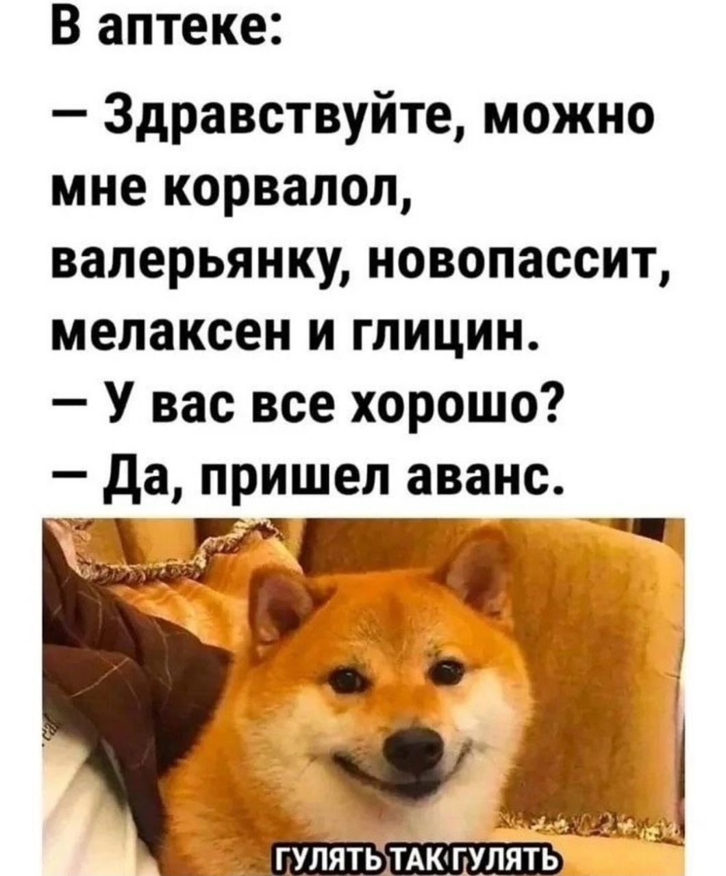 В аптеке:
— Здравствуйте, можно мне корвалол,
валерьянку, новопассит, мелаксен и глицин.
— У вас все хорошо?
— Да, пришел аванс.

ГУЛЯТЬ ТАК ГУЛЯТЬ
