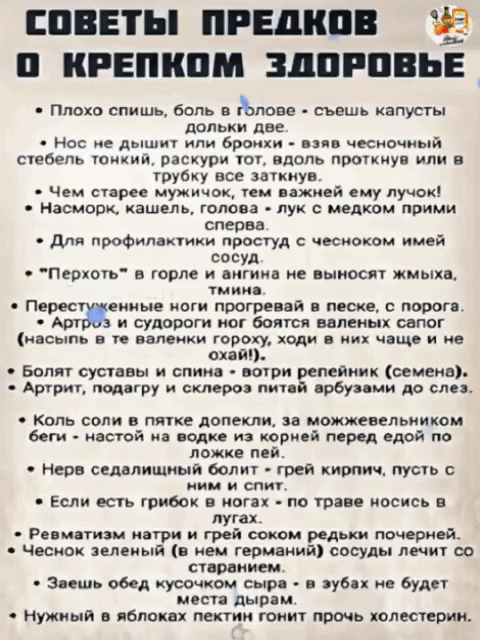 СОВЕТЫ ПРЕДКОВ О КРЕПКОМ ЗДОРОВЬЕ

• Плохо спишь, боль в голове – съешь капусты долкой две.
• Нос не дышит или бронхи – взяв чесночный стебель тонкий, раскрути тот, вдоль проткнув им в трубку все заткнув.
• Чем старее мужичок, тем важней ему лучок!
• Насморк, кашель, голова – лук с медком прими слева.
• Для профилактики простуды с чесноком имей сосуд.
• 