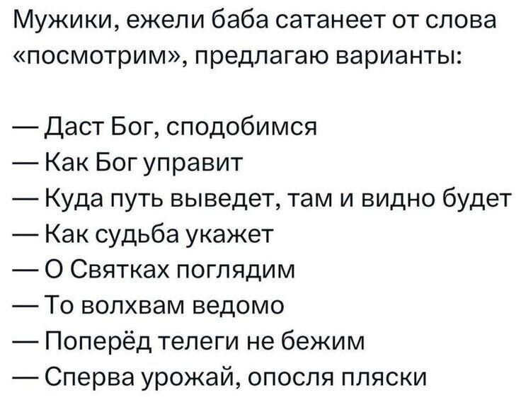 Мужики, ежели баба сатанеет от слова «посмотрим», предлагаю варианты:
— Даст Бог, сподобимся
— Как Бог управит
— Куда путь выведет, там и видно будет
— Как судьба укажет
— О Святках поглядим
— То волхвам ведомо
— Поперед телеги не бежим
— Сперва урожай, опосля пляски