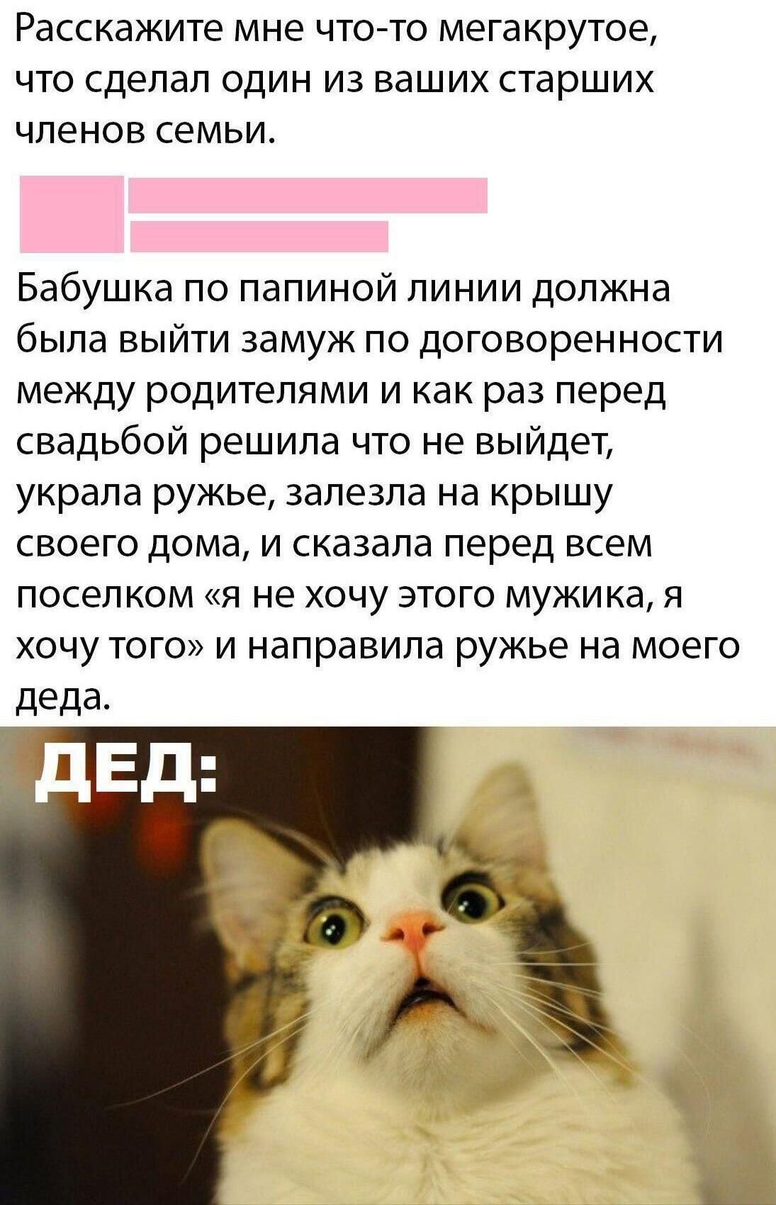 Расскажите мне что-то мегакрутое, что сделал один из ваших старших членов семьи.

Бабушка по папиной линии должна была выйти замуж по договоренности между родителями и как раз перед свадьбой решила что не выйдет, украла ружье, залезла на крышу своего дома, и сказала перед всем поселком «я не хочу этого мужика, я хочу того» и направила ружье на моего деда.

ДЕД: