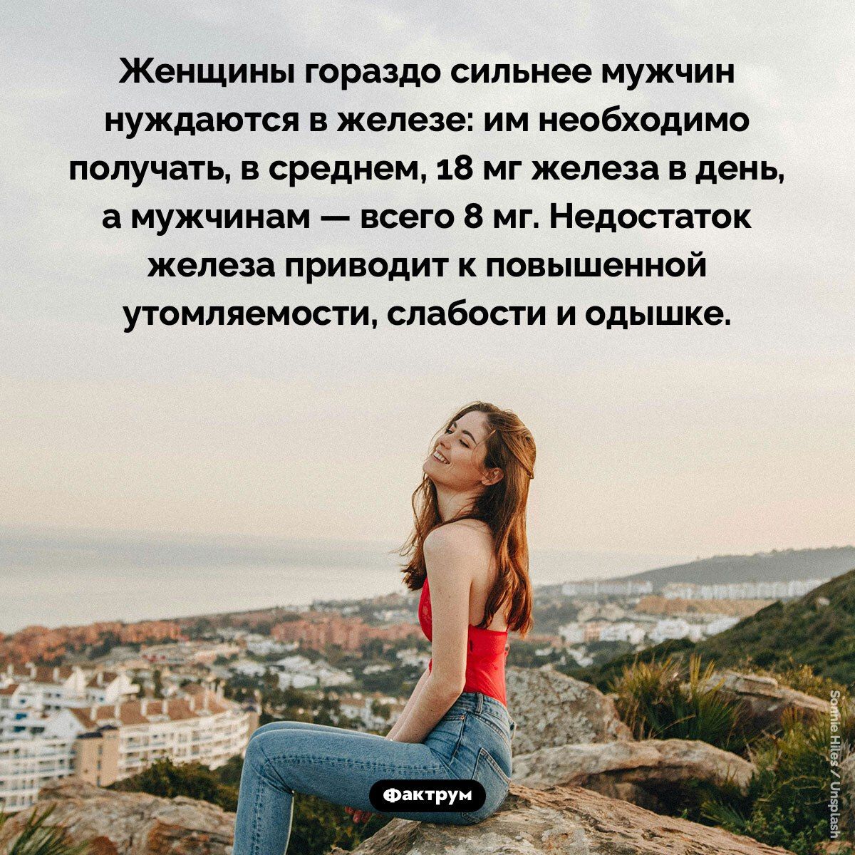 Женщины гораздо сильнее мужчин нуждаются в железе: им необходимо получать, в среднем, 18 мг железа в день, а мужчинам — всего 8 мг. Недостаток железа приводит к повышенной утомляемости, слабости и отдышке.