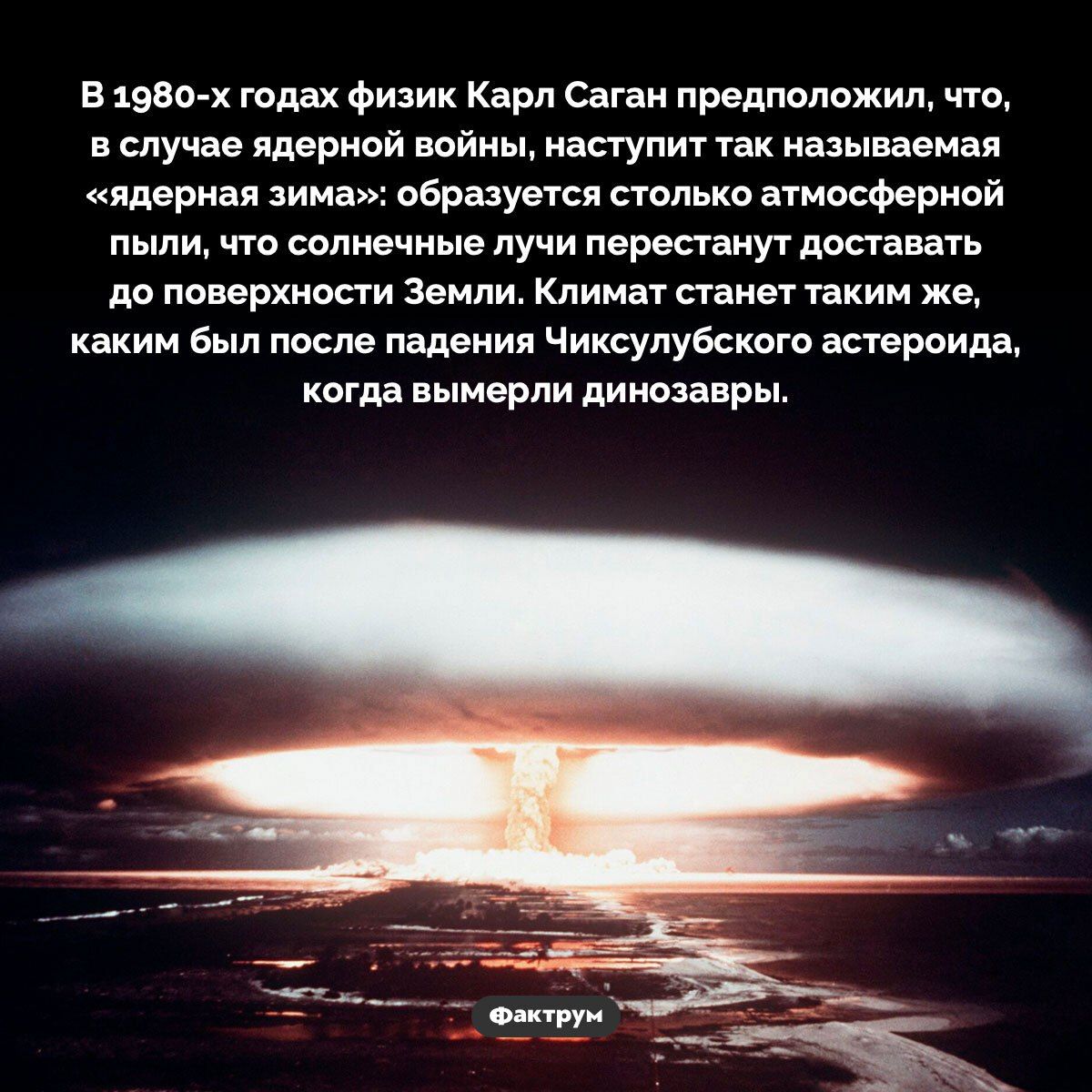 В 1980-х годах физик Карл Саган предположил, что, в случае ядерной войны, наступит так называемая «ядерная зима»: образуется столько атмосферной пыли, что солнечные лучи перестанут доставать до поверхности Земли. Климат станет таким же, каким был после падения Чиксулубского астероида, когда вымерли динозавры.