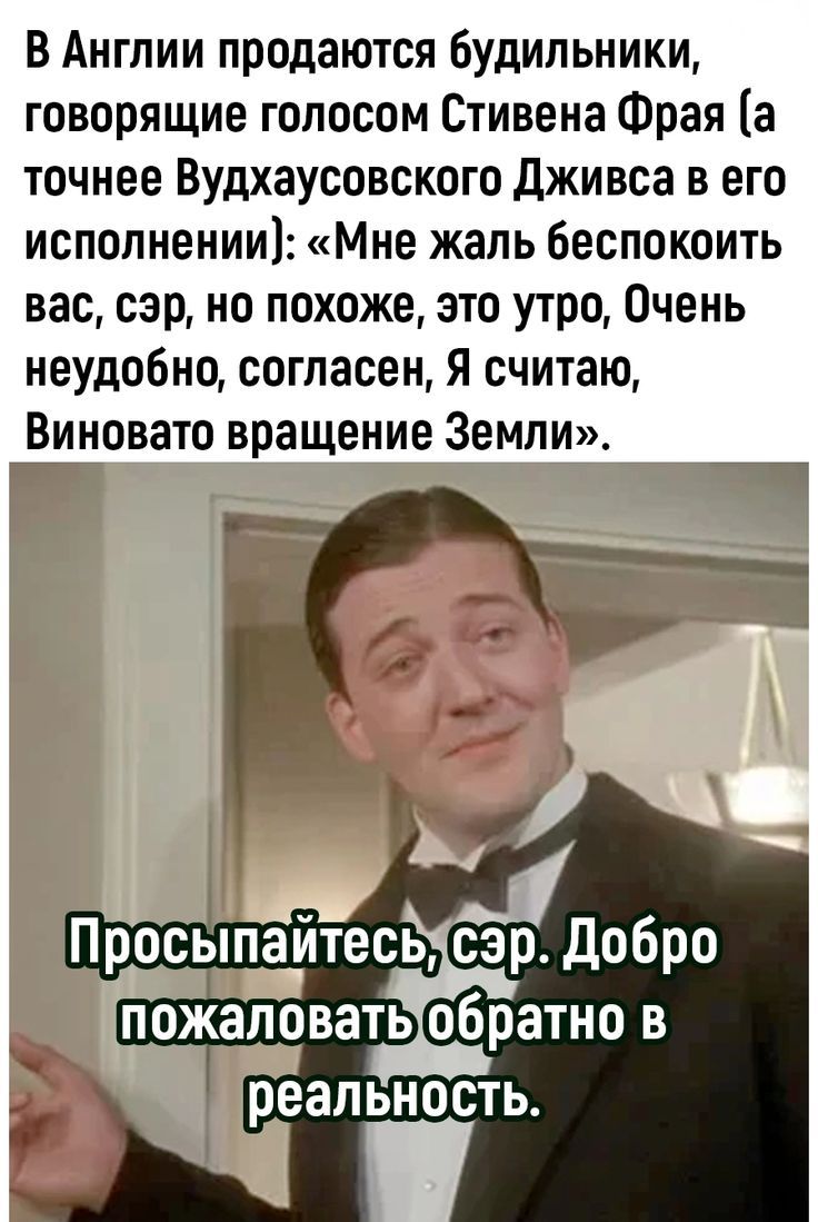 В Англии продаются будильники, говорящие голосом Стивена Фрая (а точнее Вудхауссовского Дживса в его исполнении): «Мне жаль беспокоить вас, сэр, но похоже, это утро, Очень неудобно, согласен, Я считаю, Виновато вращение Земли». Просыпайтесь, сэр. Добро пожаловать обратно в реальность.
