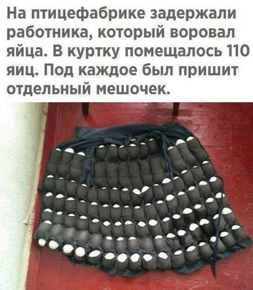 На птицефабрике задержали работника, который воровал яйца. В куртке помещалось 110 яиц. Под каждое был пришит отдельный мешочек.